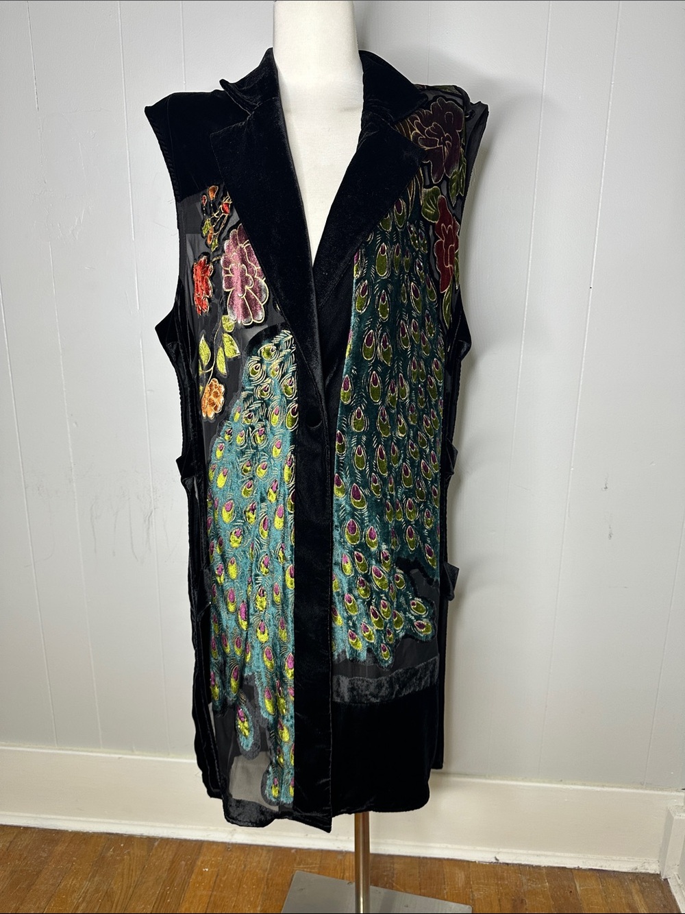 Vintage Y2K Boho Velvet Burnout Peacock Midi Duster Vest Large